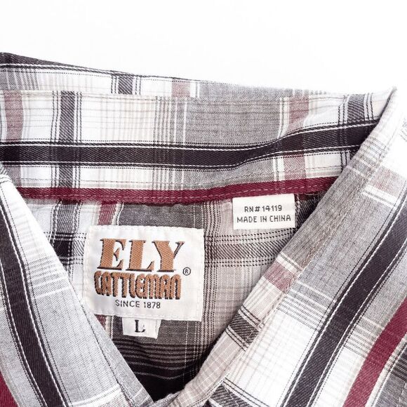 Ely Cattleman Mens Snap Up Western Shirt Short Sleeve Plaid Brown White Large - Picture 4 of 7